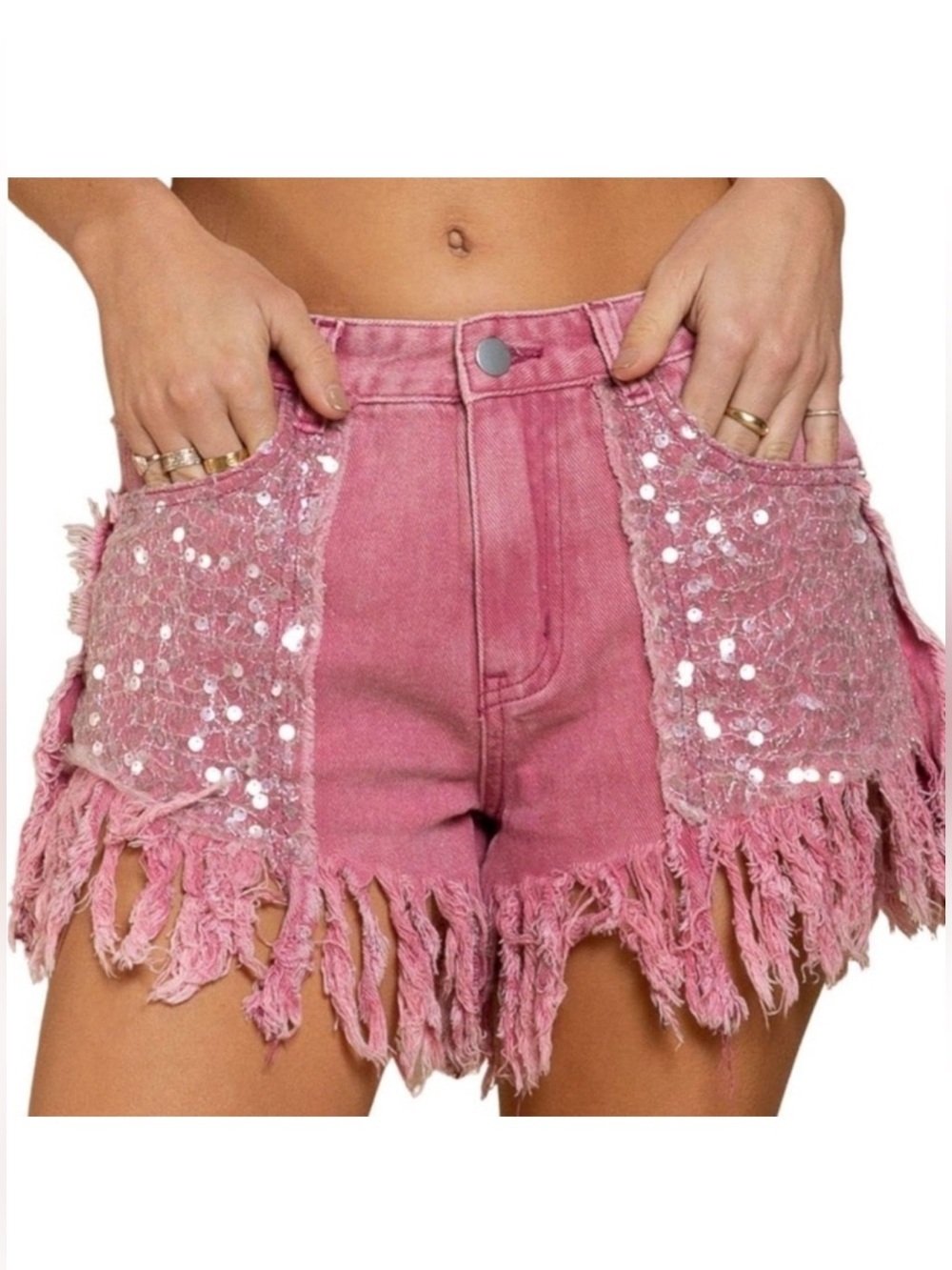 POL Pink Sequin Fringe Denim Shorts Size Small NWOT